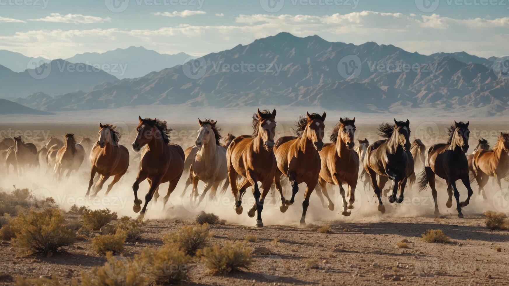 A herd of horses galloping across a dusty landscape with mountains in the background. photo