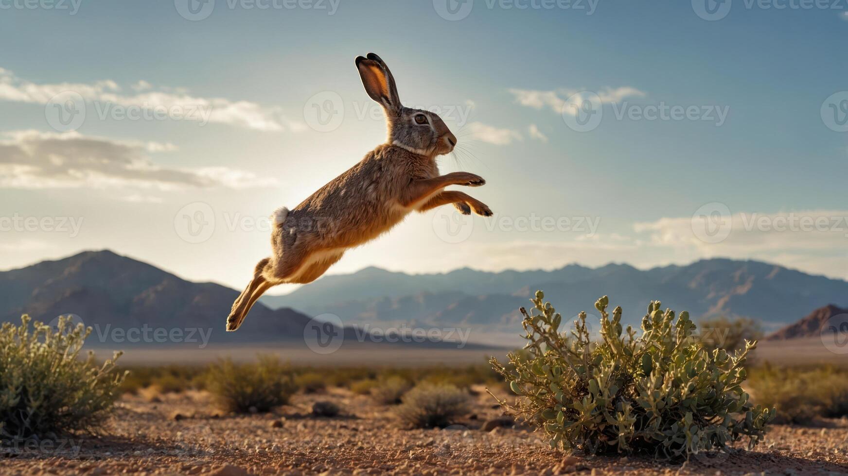 A rabbit leaps gracefully across a desert landscape with mountains in the background. photo