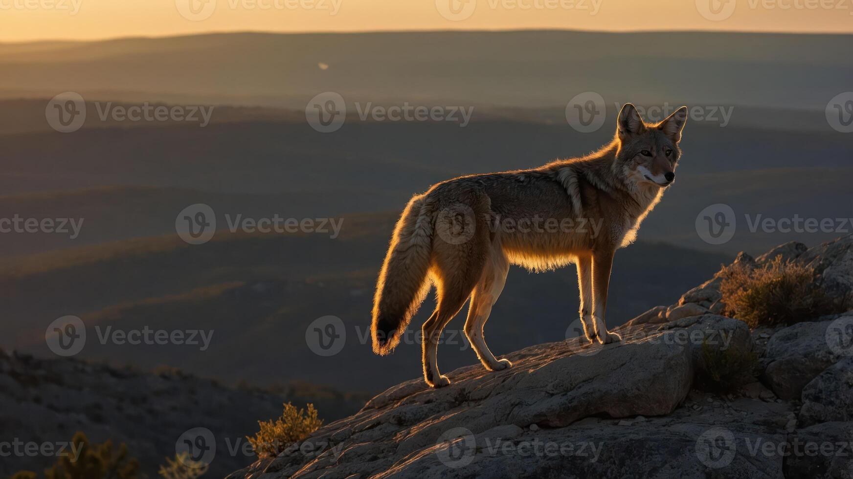 A coyote stands on a rocky outcrop against a sunset backdrop, showcasing wildlife in nature. photo