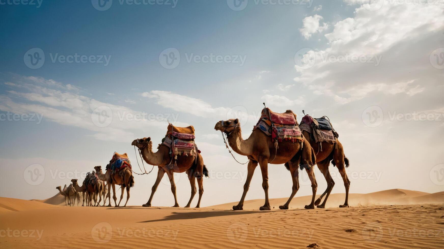 A caravan of camels walking through a vast desert landscape under a clear blue sky. photo