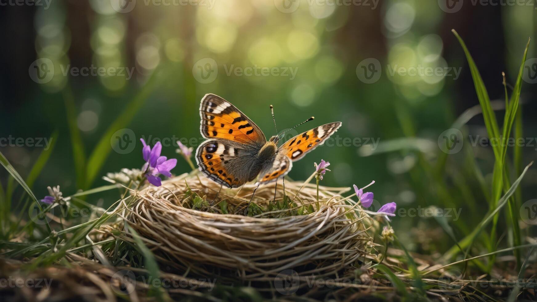 A butterfly perched on a nest surrounded by flowers in a serene forest setting. photo