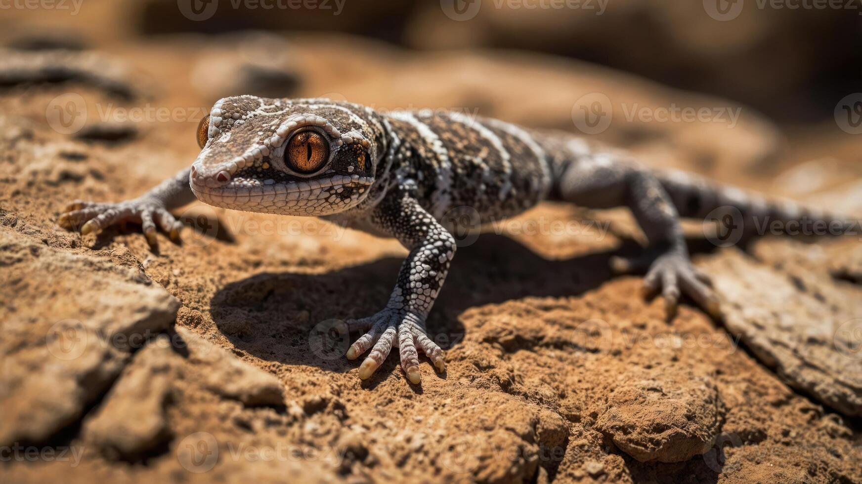 A close-up of a gecko on rocky terrain, showcasing its intricate patterns and colors. photo