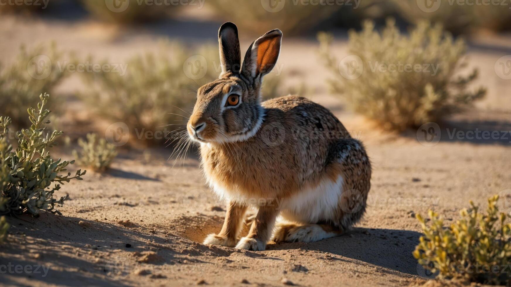 A rabbit sitting on sandy ground surrounded by sparse vegetation in a natural setting. photo
