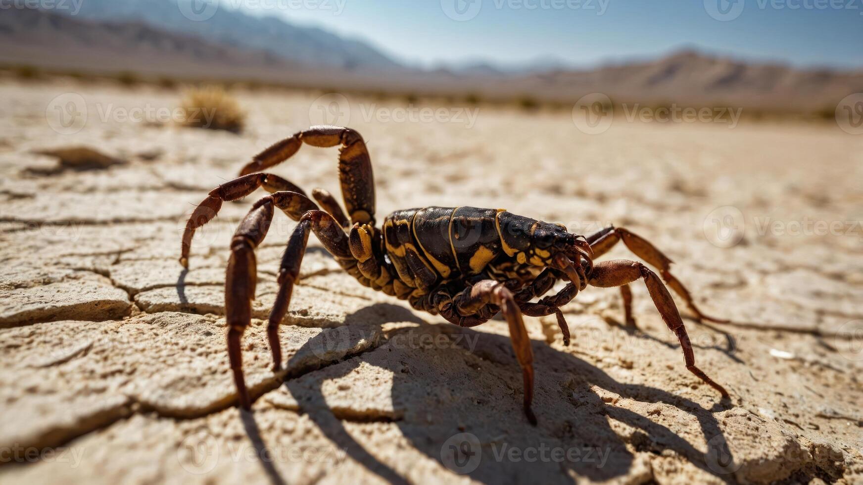 A close-up of a scorpion on cracked desert ground under a clear blue sky. photo