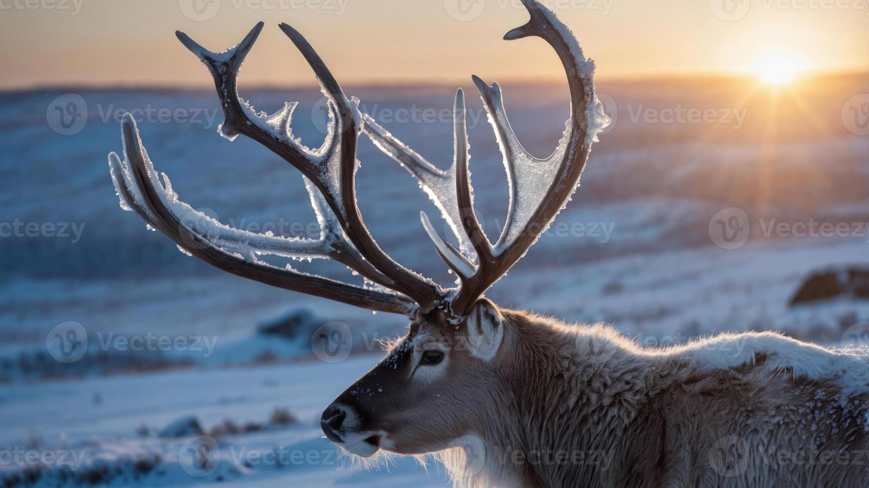 A majestic reindeer with large antlers stands against a snowy landscape at sunset. photo