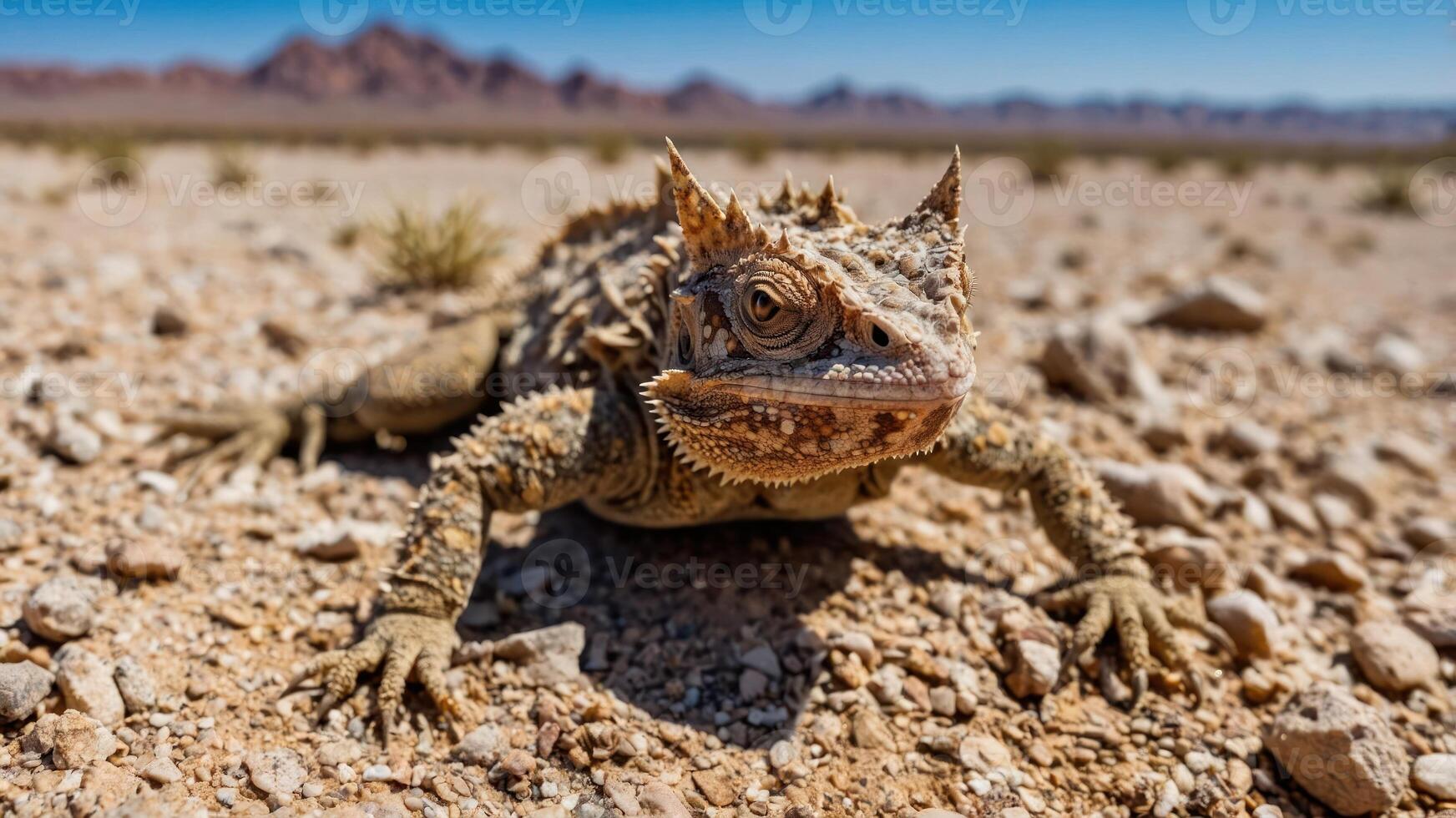 A close-up of a spiky lizard on a rocky desert terrain under a clear blue sky. photo