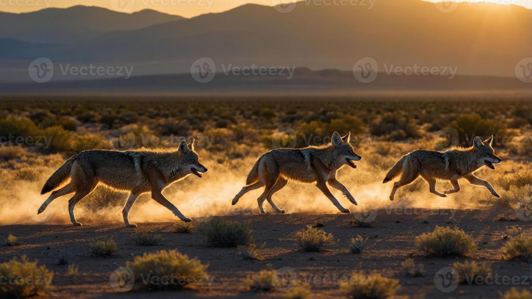 Three coyotes running through a desert landscape at sunset, creating a dynamic scene. photo