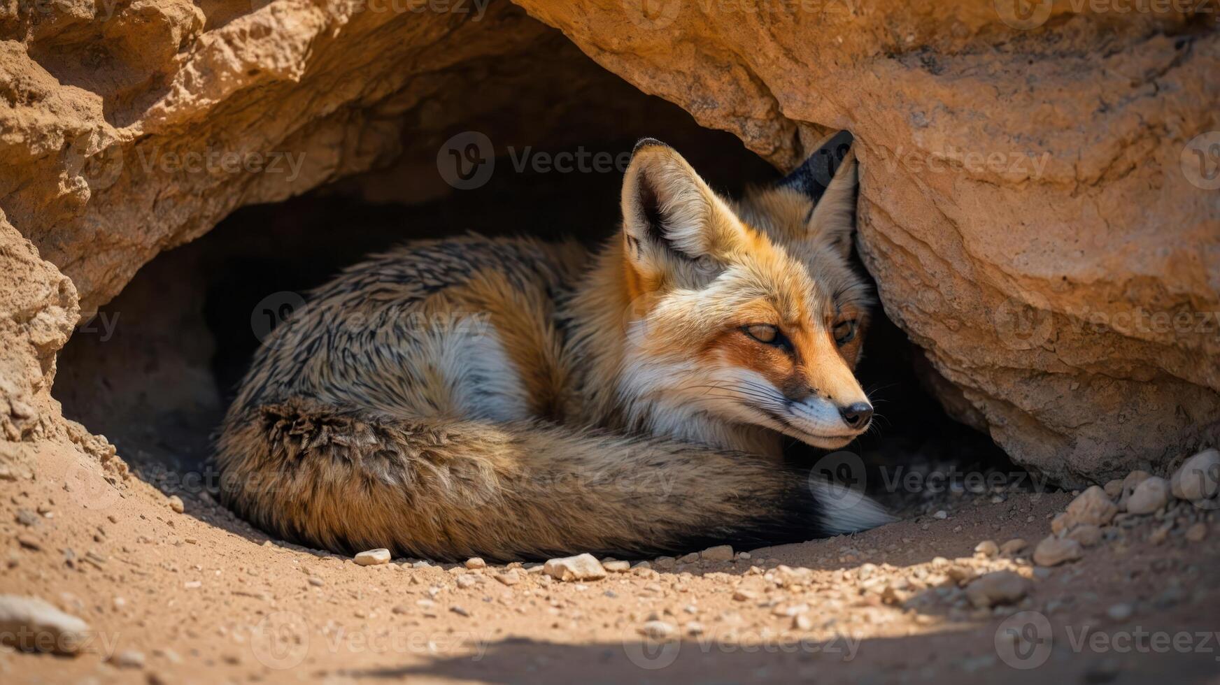 A fox resting in a rocky den, showcasing its natural habitat and behavior. photo