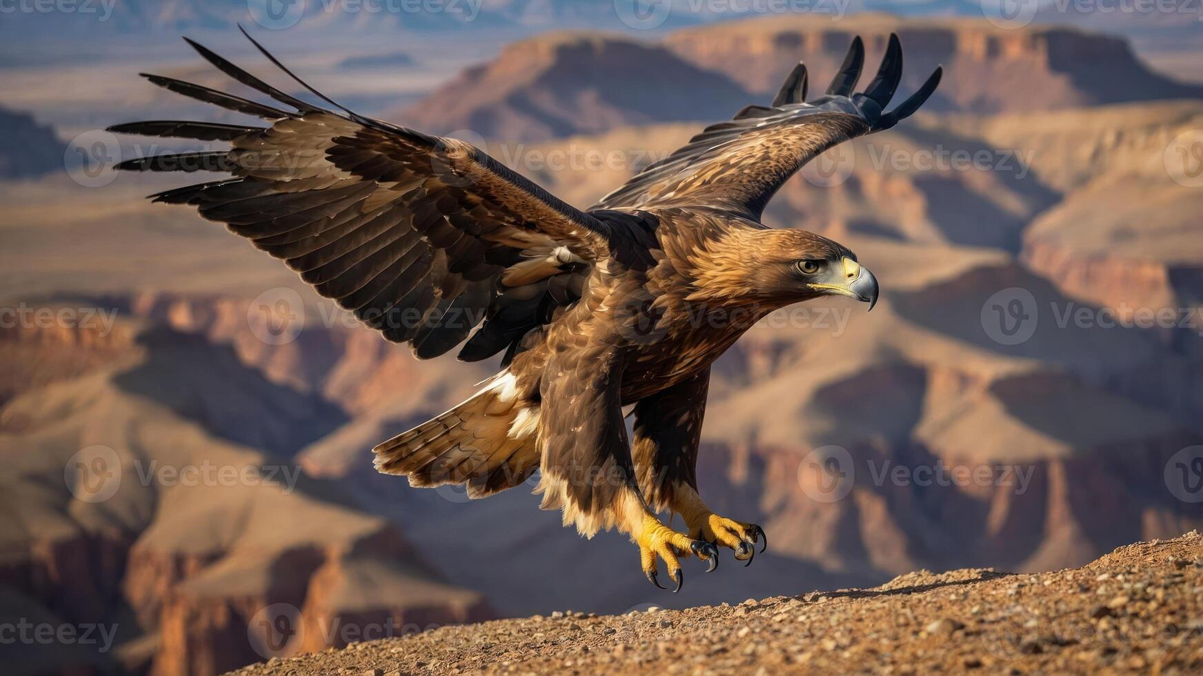 A golden eagle takes flight over a vast, rugged landscape. photo