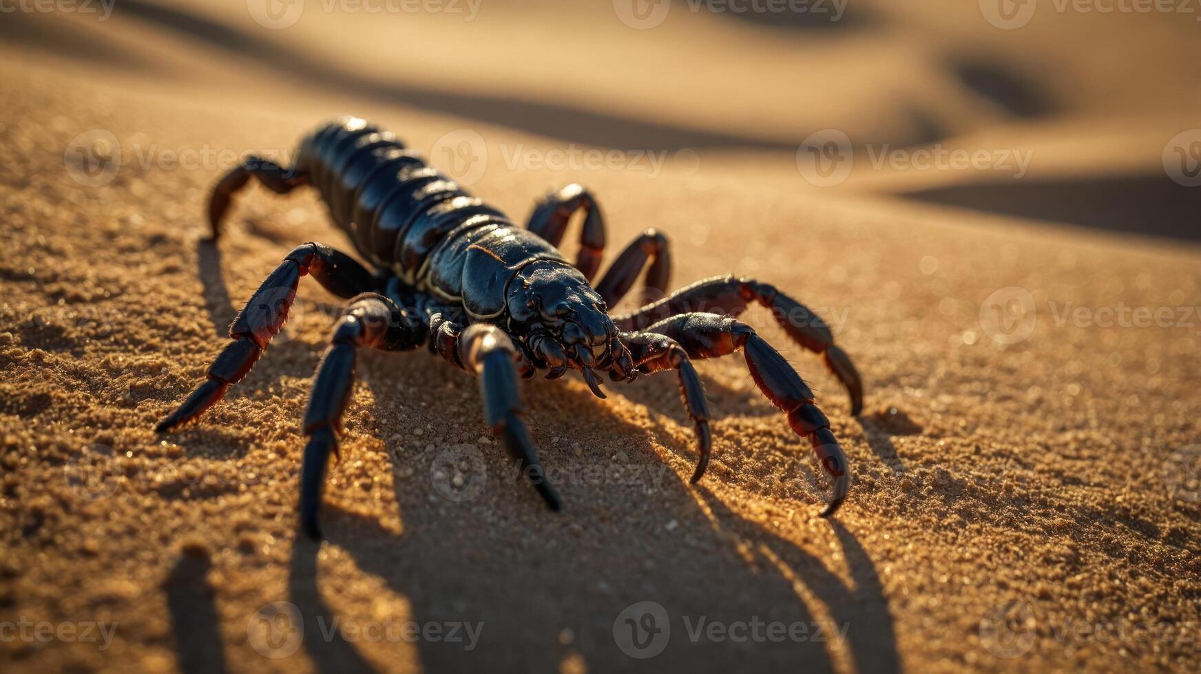 A close-up of a scorpion on sandy terrain, showcasing its intricate features. photo
