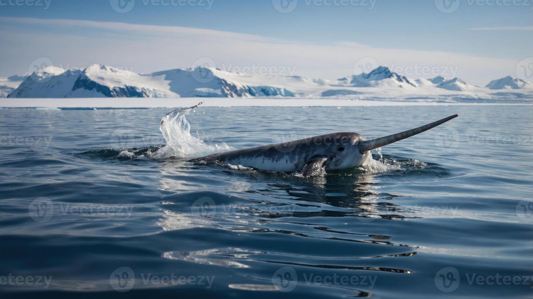 A narwhal swims in icy waters with mountains in the background. photo