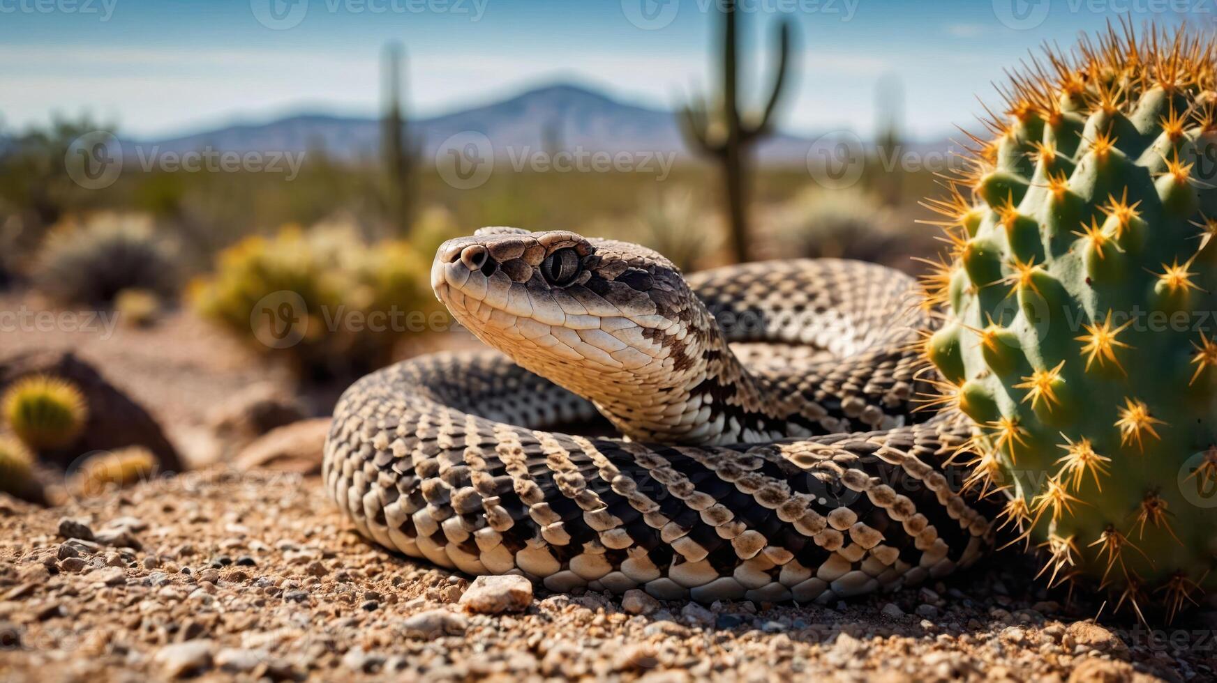 A close-up of a coiled snake beside a cactus in a desert landscape. photo