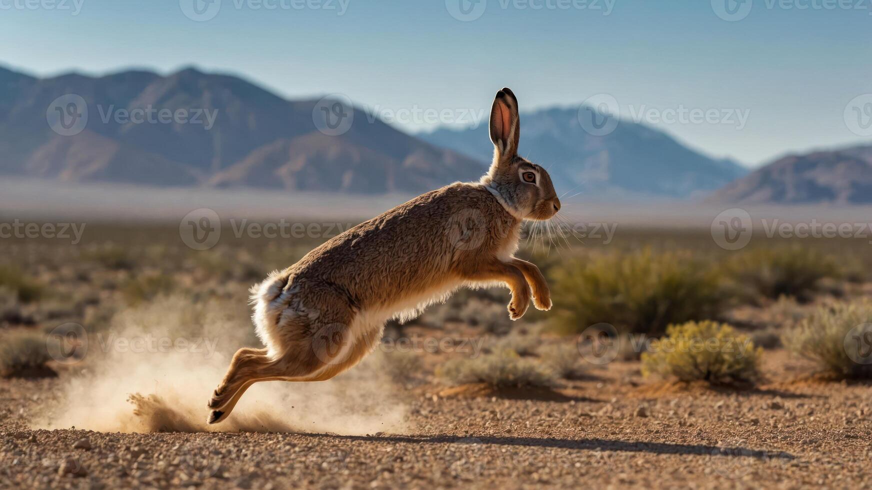 A rabbit leaps through a desert landscape, kicking up dust against a mountainous backdrop. photo