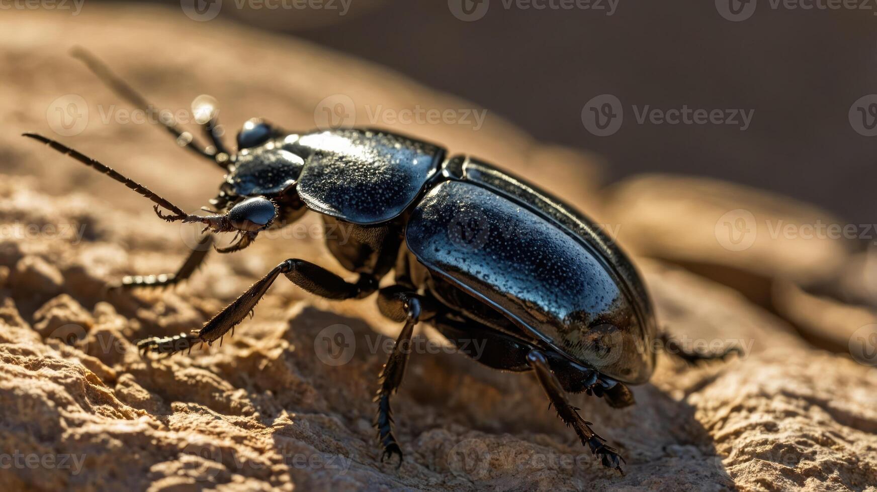A close-up view of a shiny black beetle on a rocky surface. photo