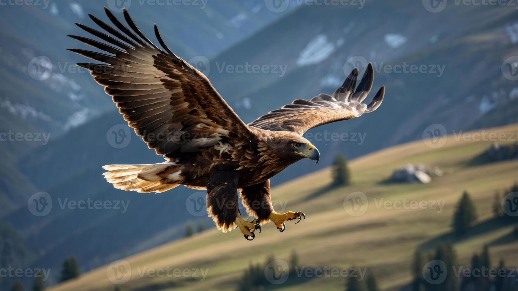 A golden eagle soaring gracefully over a mountainous landscape. photo