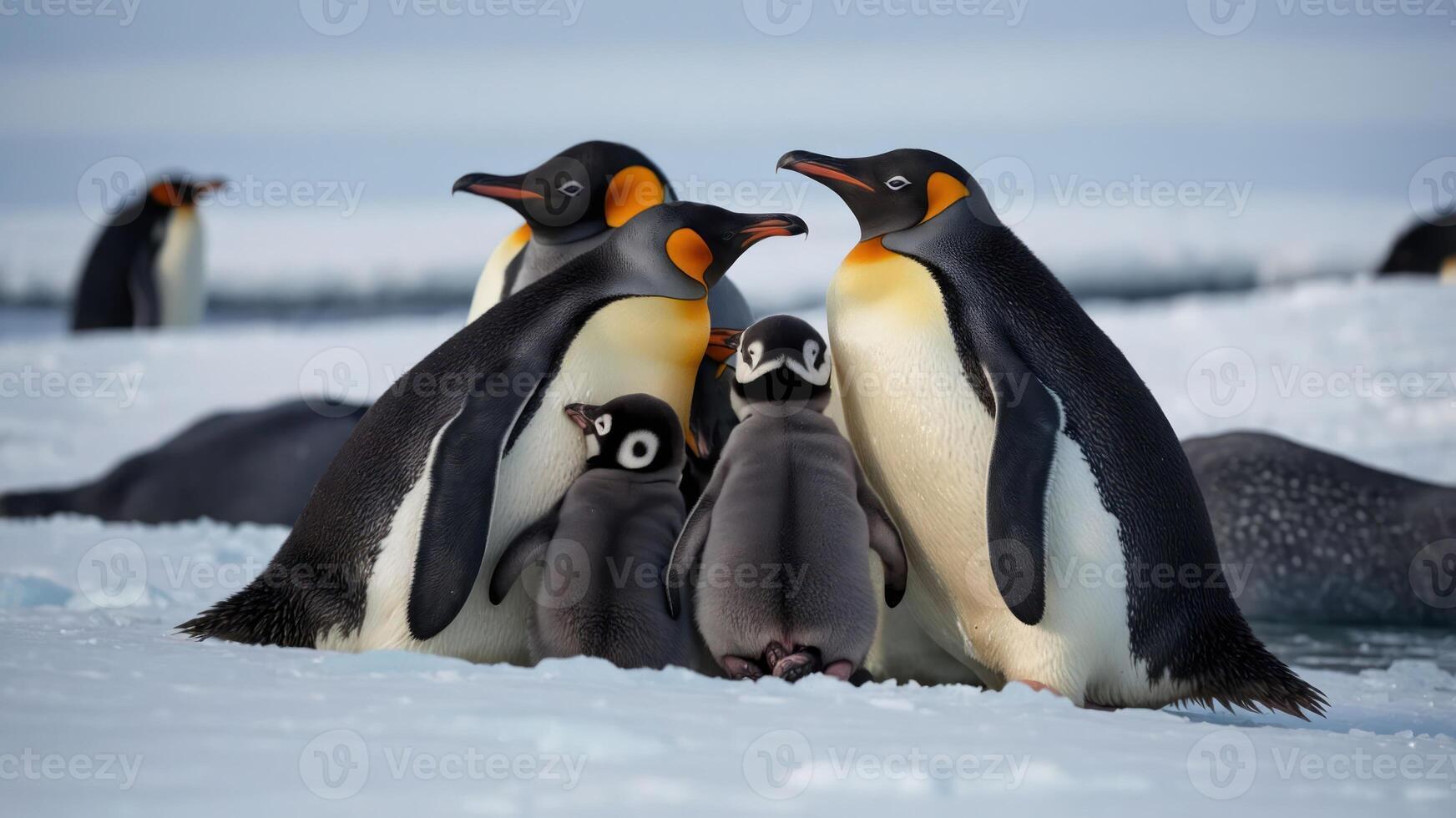 A group of Emperor penguins huddles together with their chicks on the icy landscape. photo