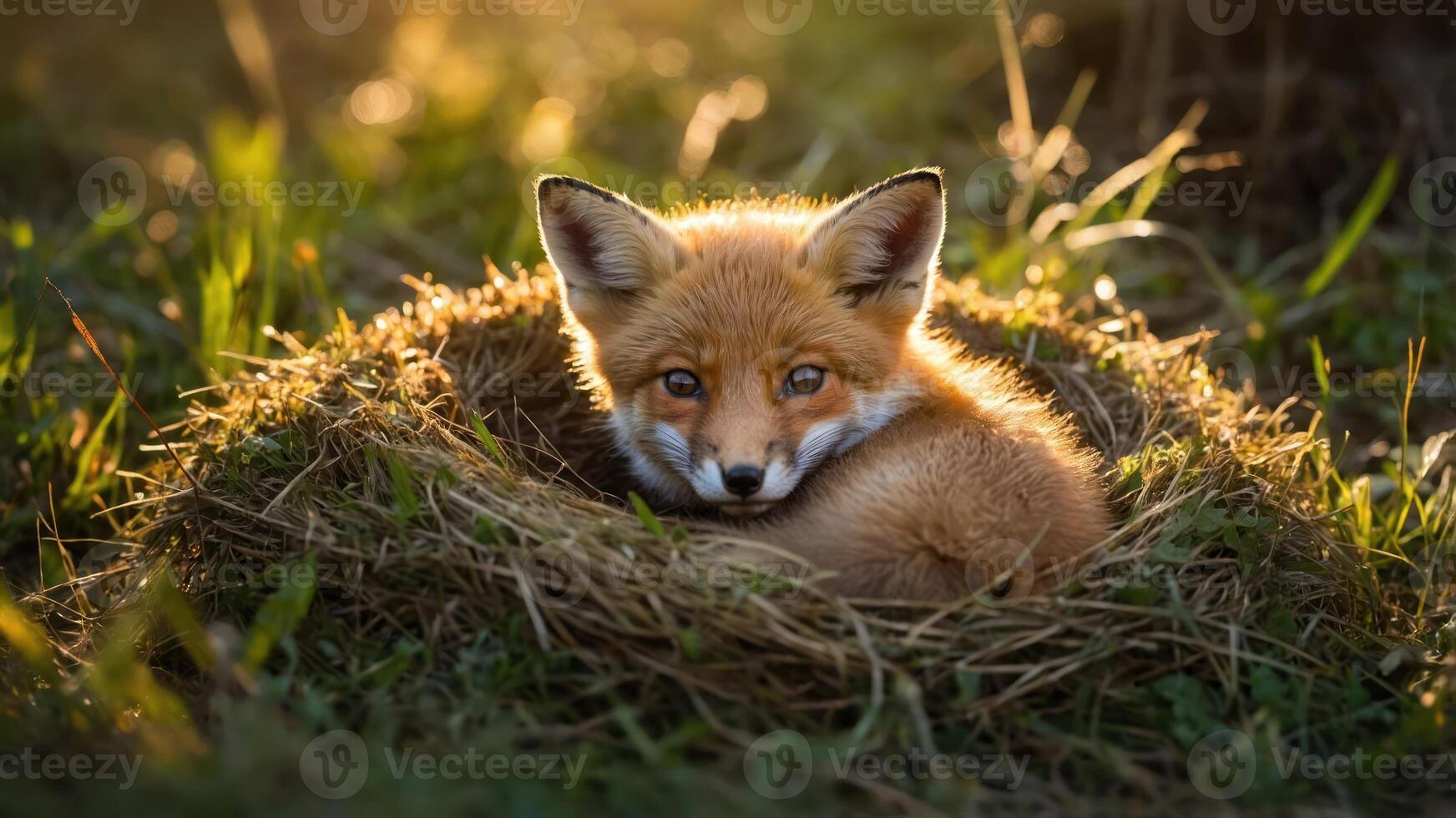 A young fox resting in a nest of grass, illuminated by soft sunlight. photo
