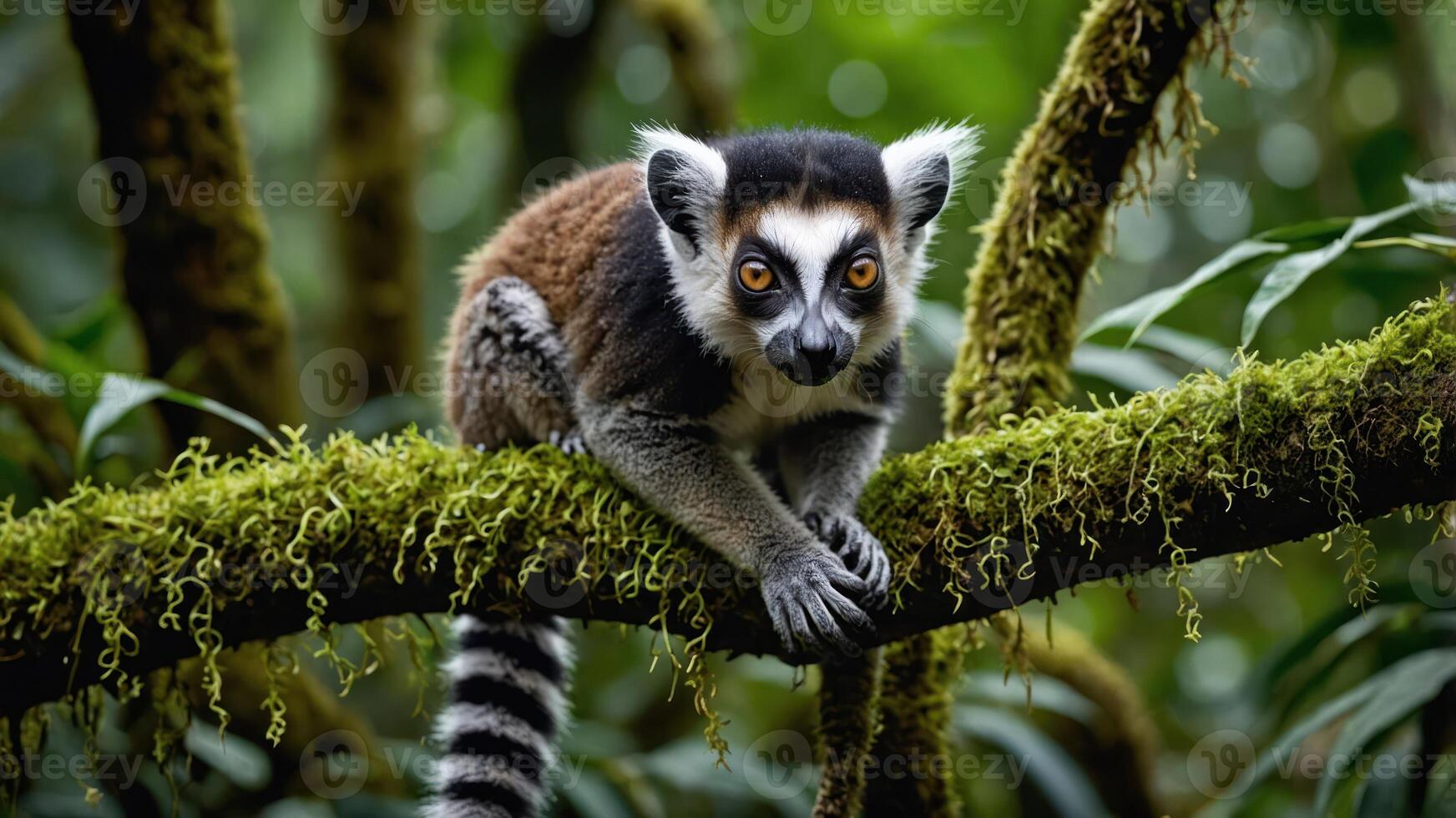 A lemur perched on a moss-covered branch in a lush green forest. photo