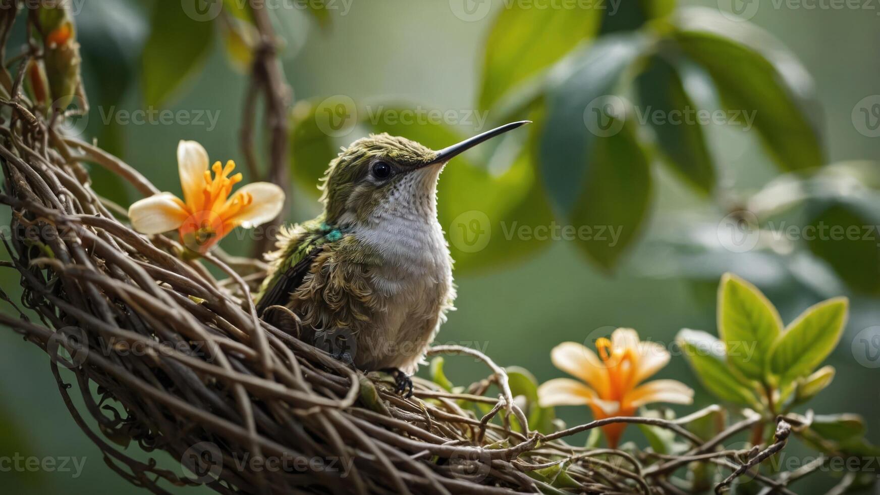 A hummingbird perched on a nest surrounded by vibrant flowers and greenery. photo