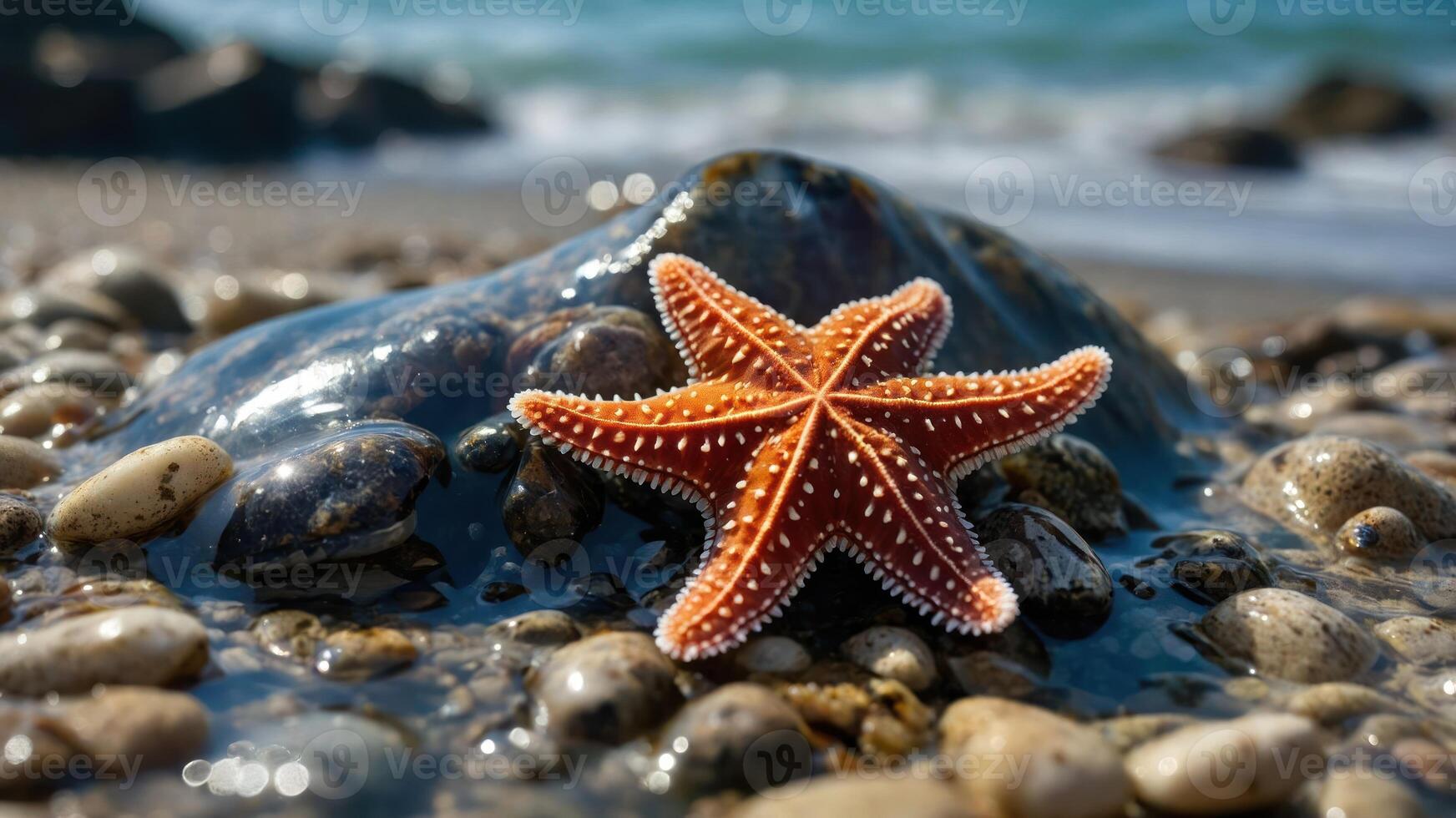 A vibrant starfish resting on smooth pebbles by the shore, with waves in the background. photo