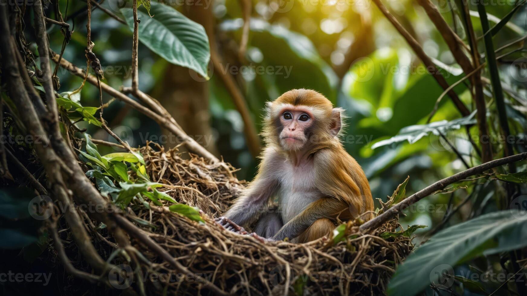 A monkey sitting in a nest among lush green foliage in a vibrant forest setting. photo