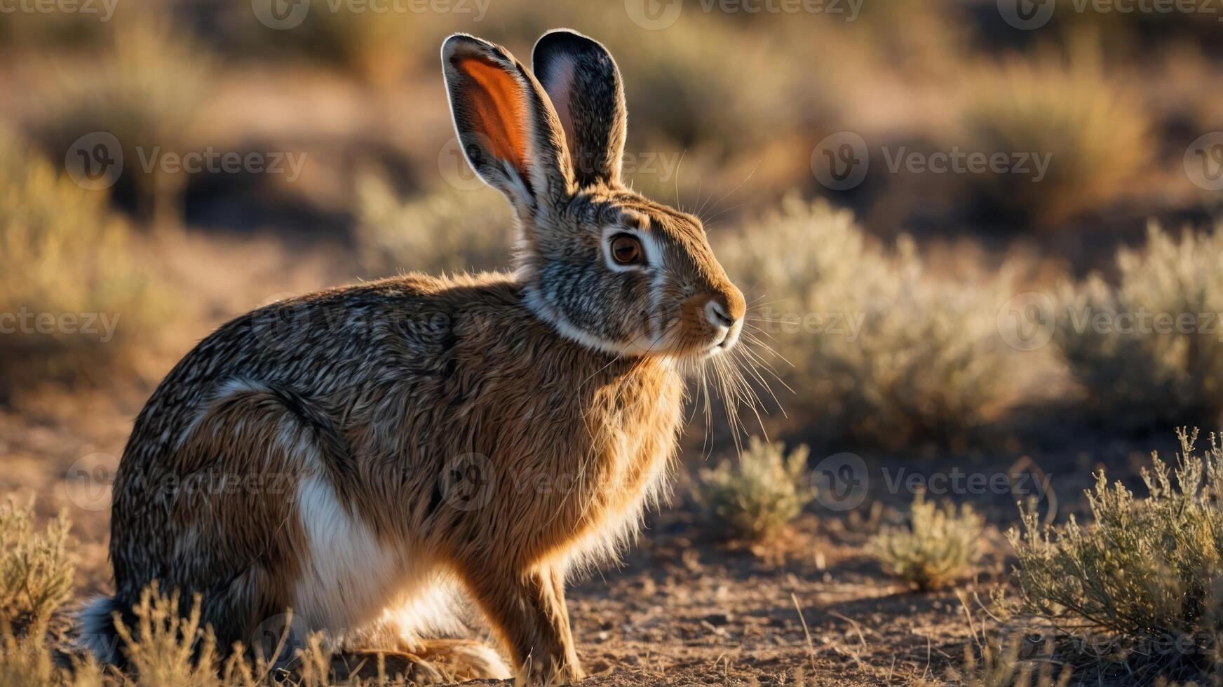 A close-up of a rabbit sitting in a natural landscape during golden hour. photo