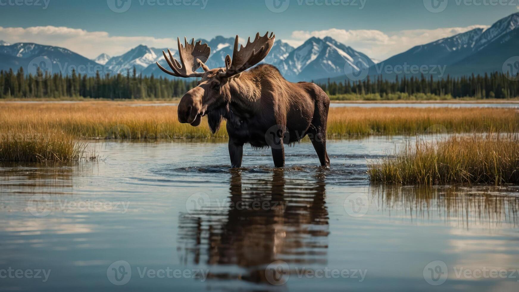 A moose wades through a serene lake surrounded by mountains and lush greenery. photo