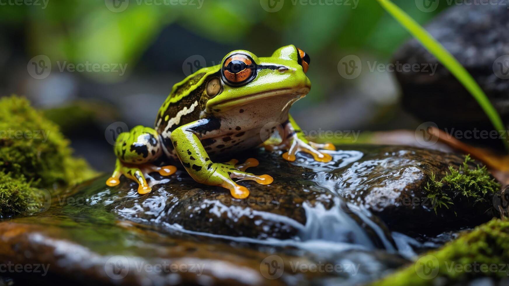 A vibrant frog perched on a rock amidst lush greenery and water. photo