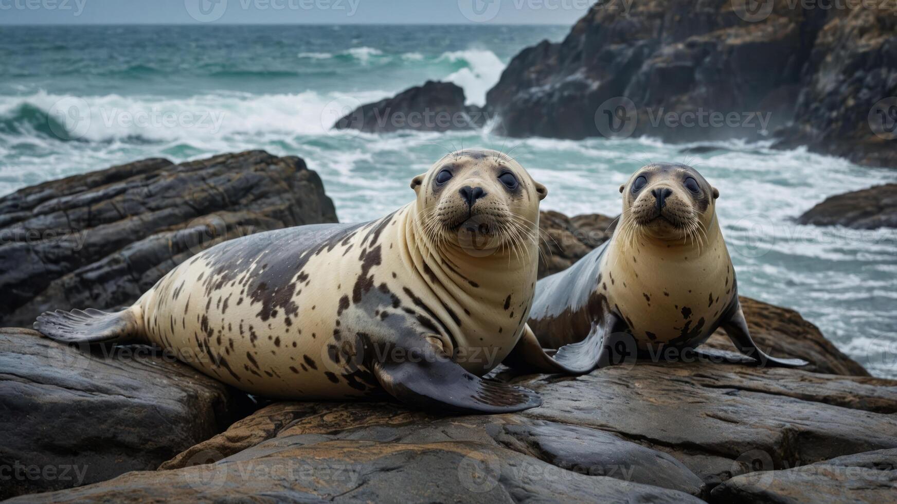 Two seals resting on rocky shore with ocean waves in the background. photo