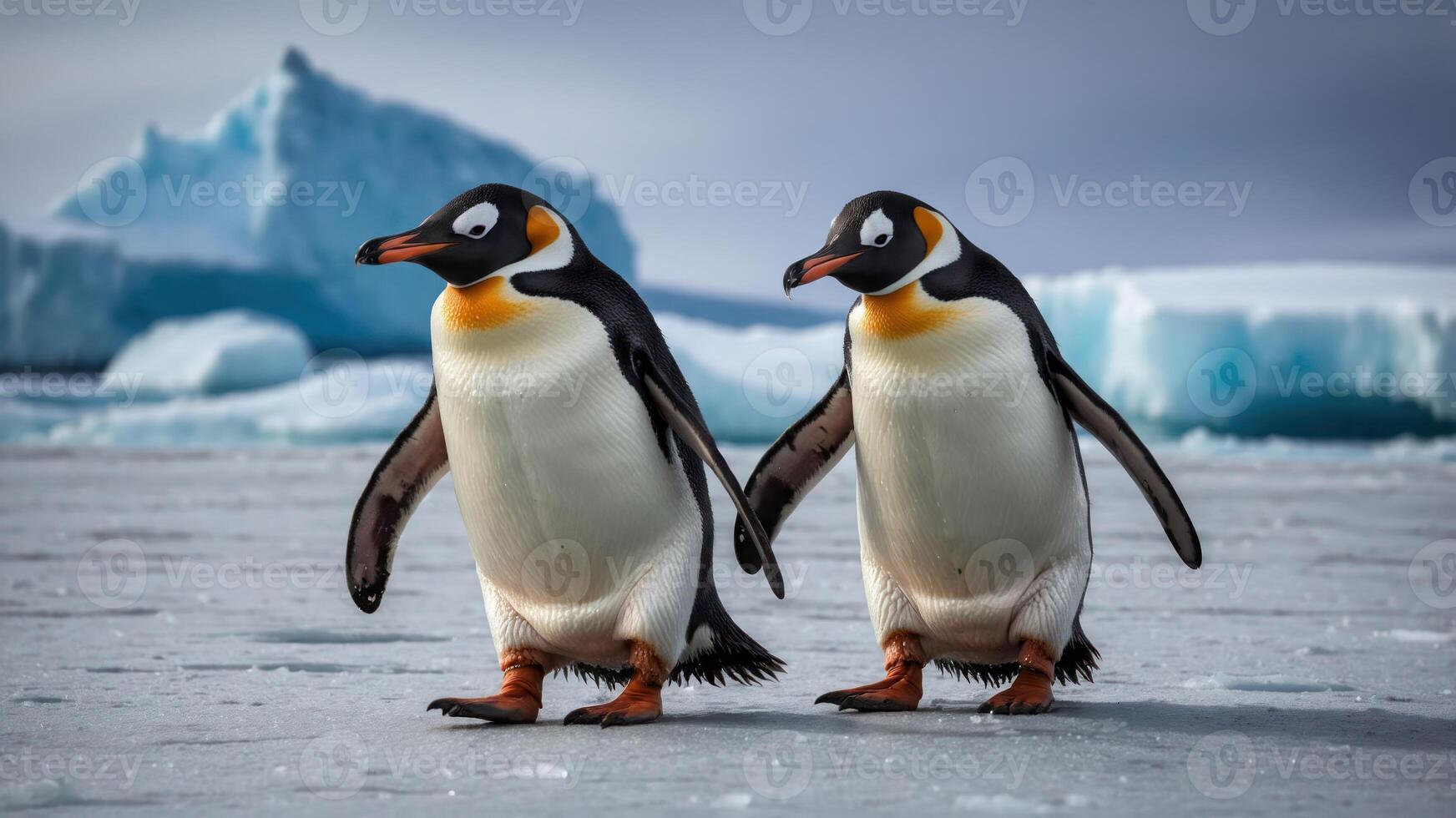 Two penguins walking on ice with a backdrop of icy formations. photo