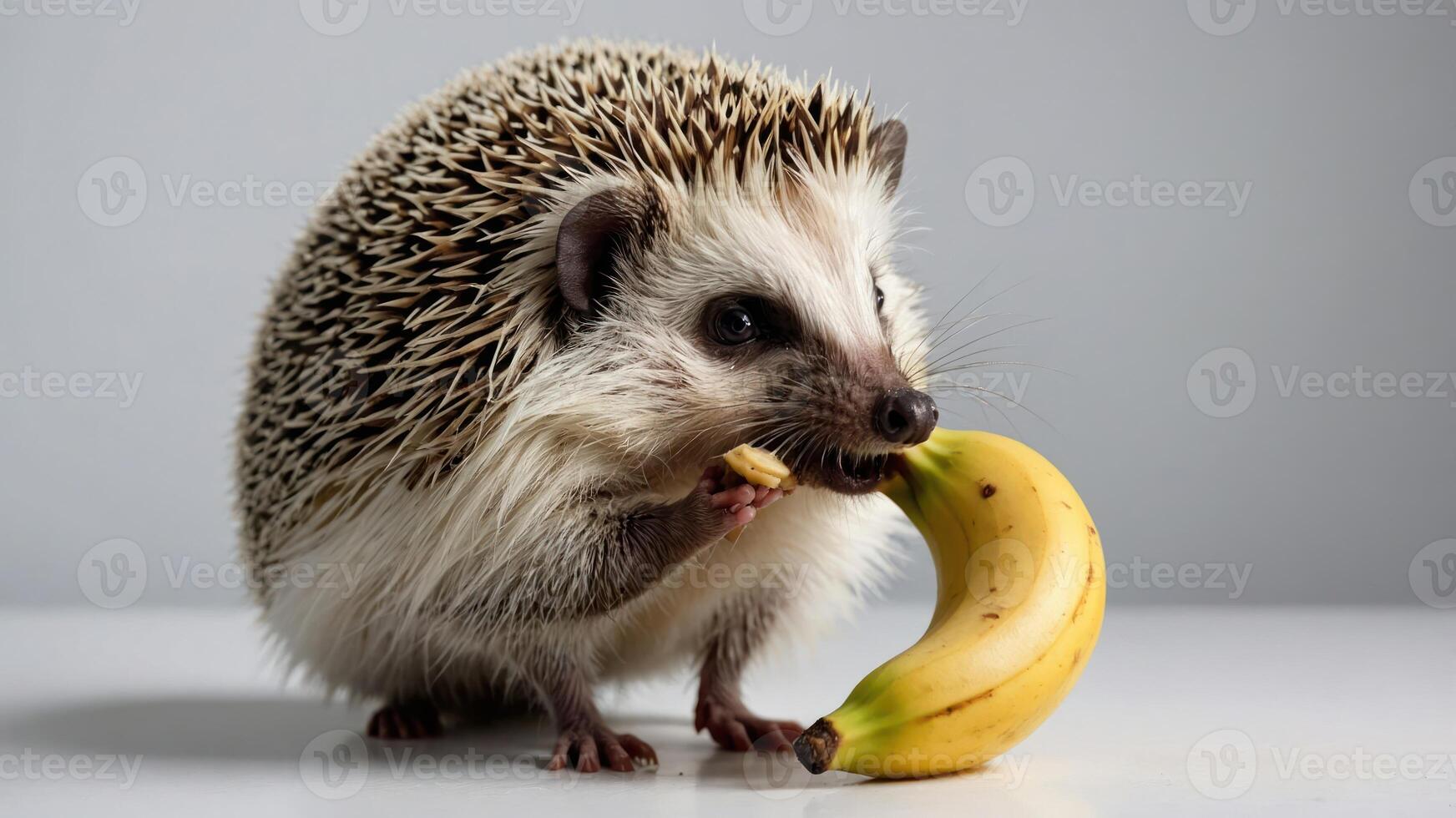 A hedgehog munching on a banana, showcasing a cute animal interaction with food. photo