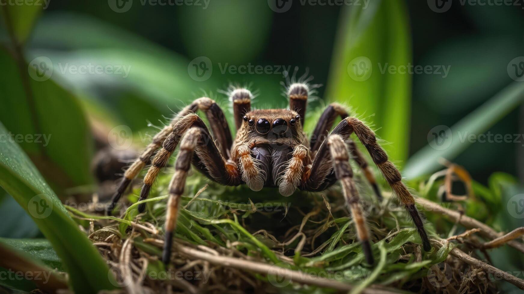A close-up of a spider among green foliage, showcasing its intricate details and environment. photo