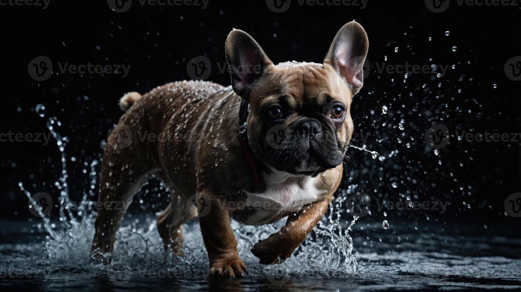 A playful French Bulldog splashes in water, showcasing its energy and charm. photo