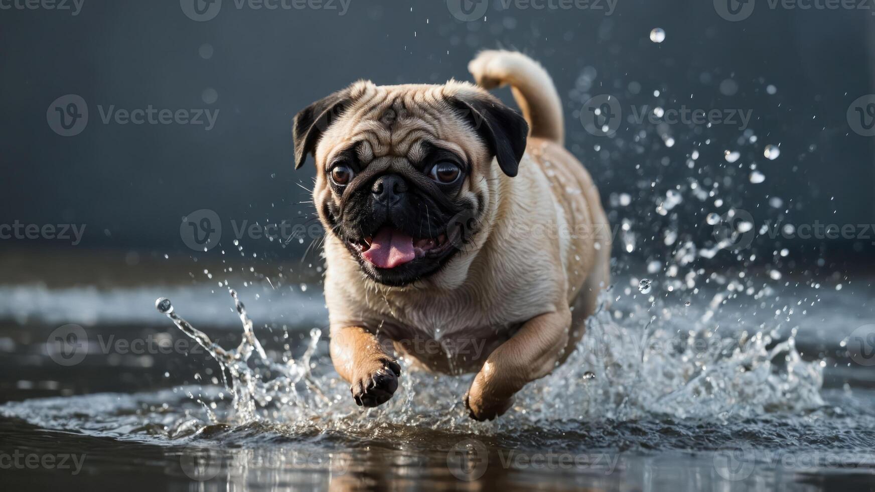 A playful pug joyfully splashes through water, embodying fun and energy. photo
