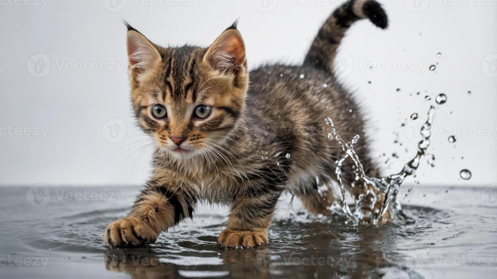A playful kitten splashes through shallow water, capturing a moment of curiosity and fun. photo