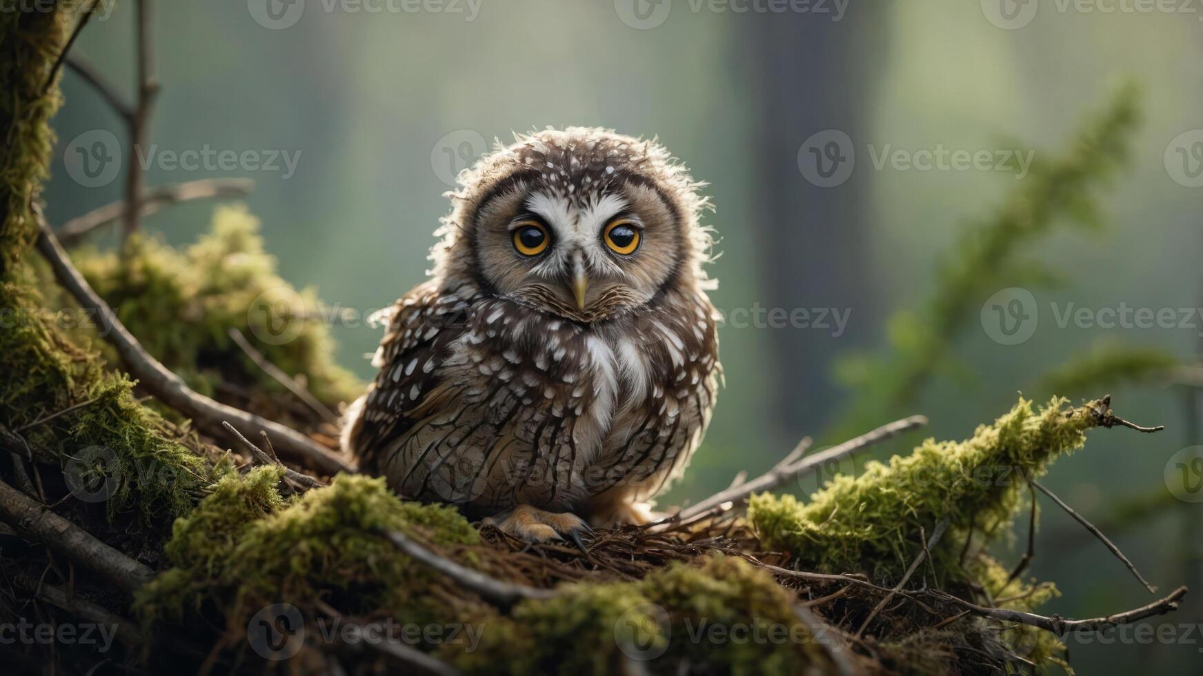 A fluffy owl perched on a mossy nest in a serene forest setting. photo