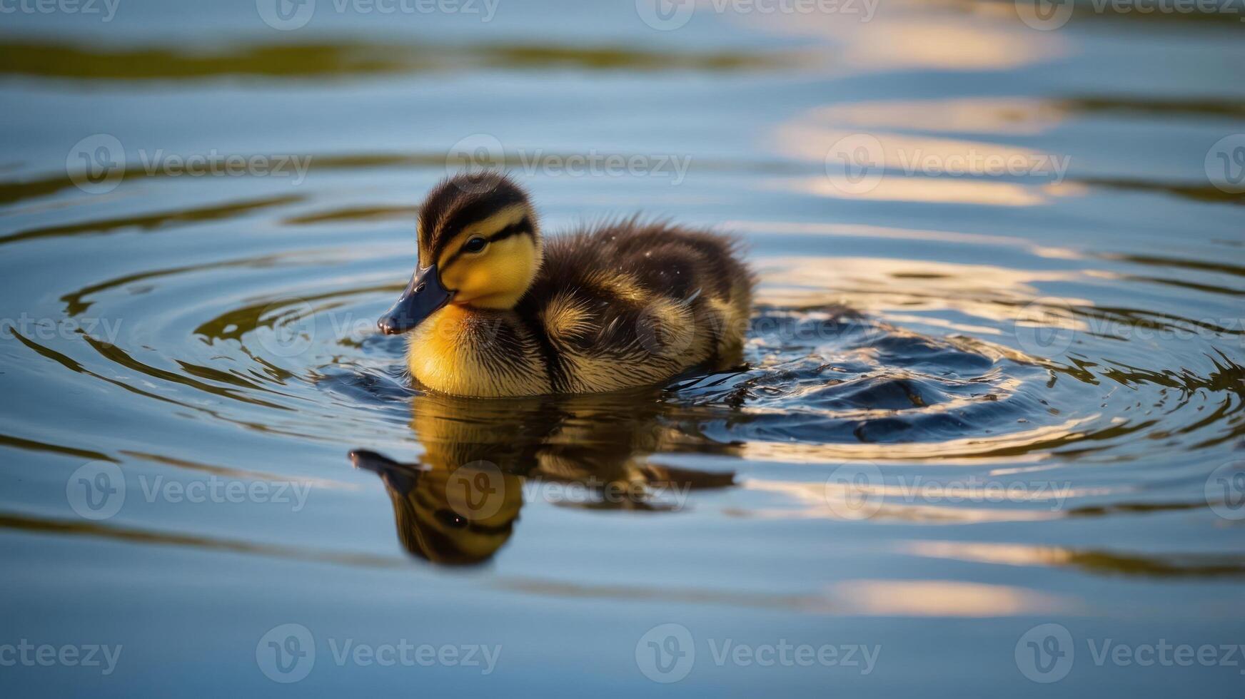 A duckling swimming in rippling water, reflecting its surroundings beautifully. photo