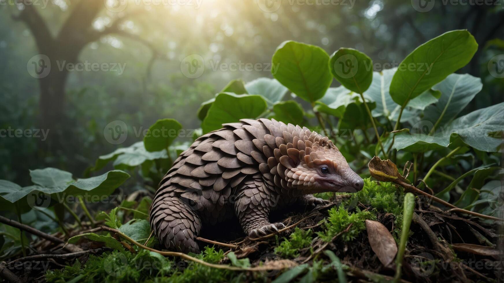A pangolin nestled among lush green foliage in a misty forest. photo