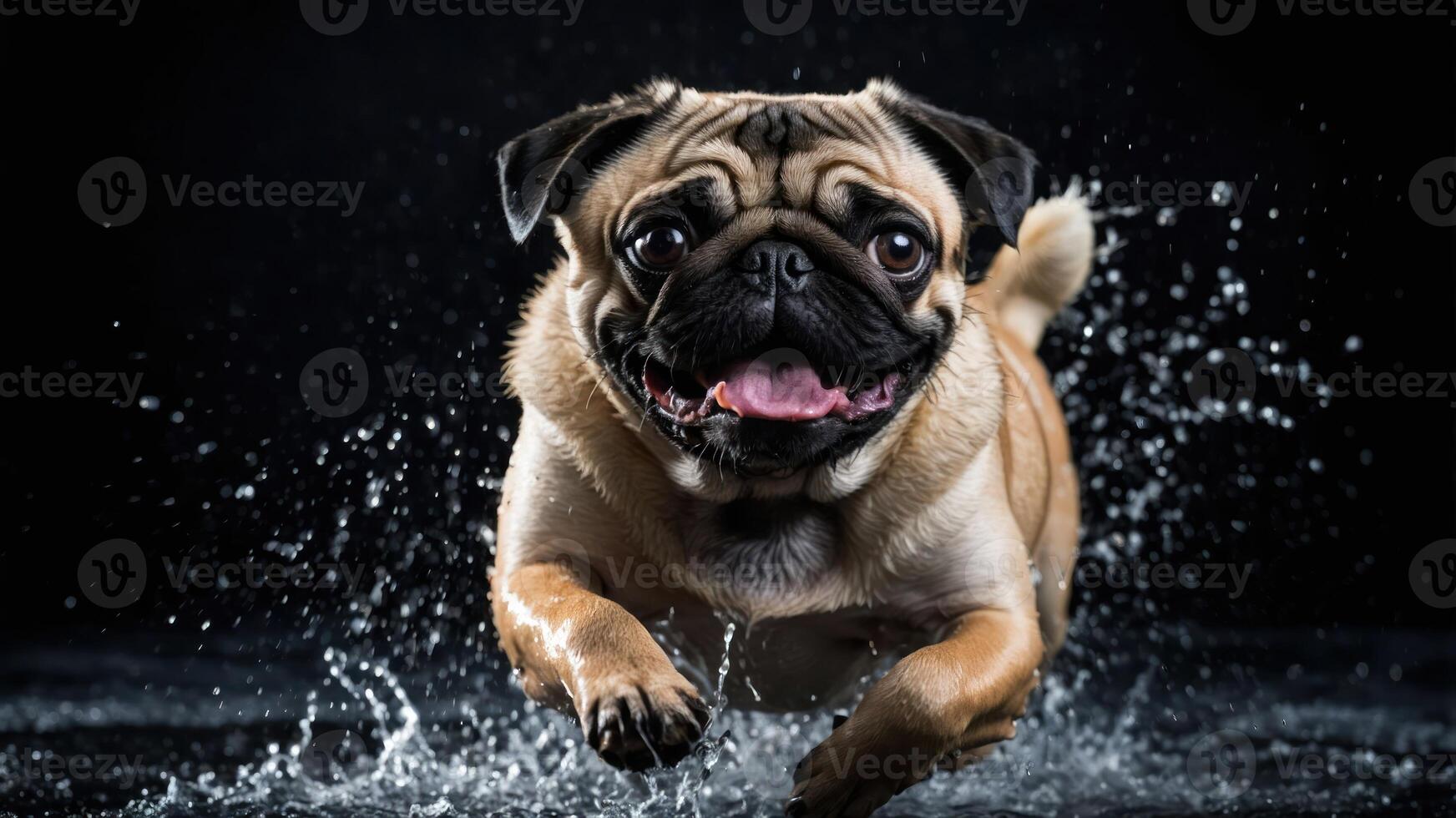 A playful pug running through water, showcasing energy and joy in a dynamic setting. photo