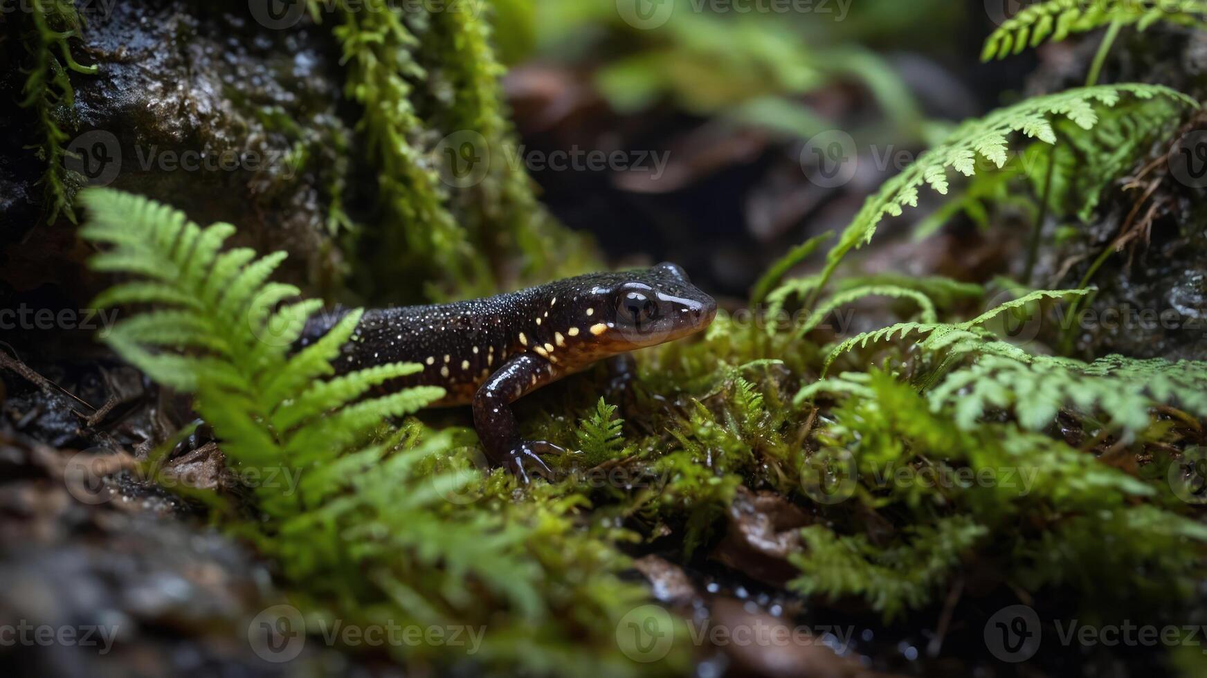 A salamander resting among lush ferns and moss in a vibrant forest habitat. photo