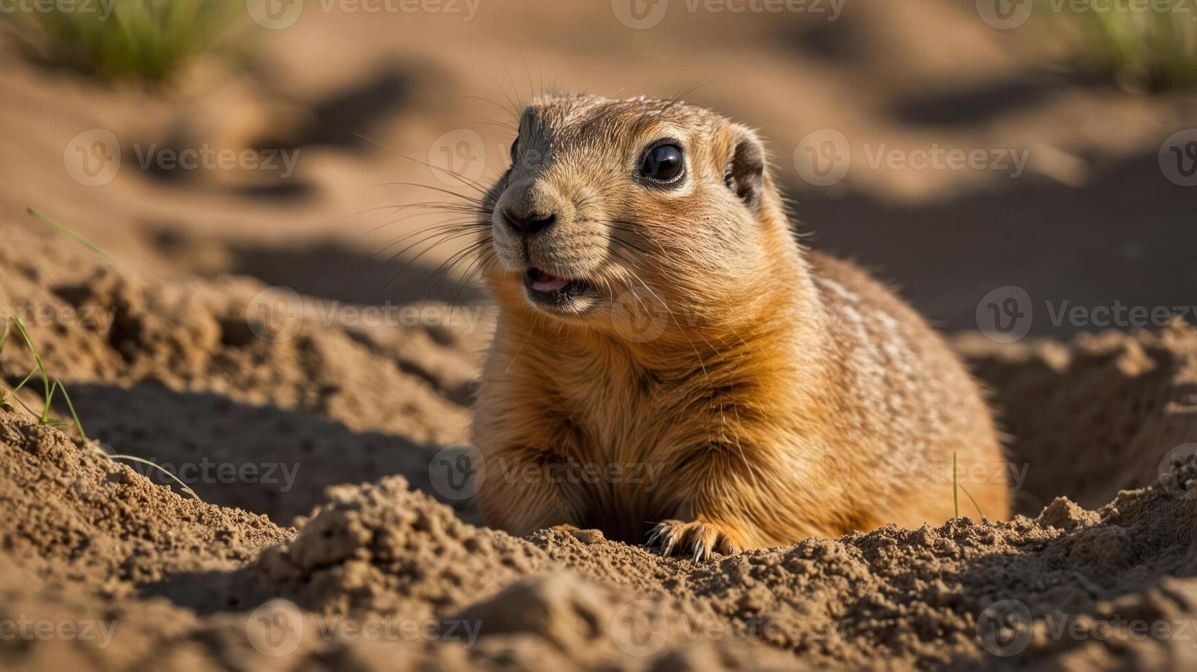 A close-up of a prairie dog emerging from its burrow in a sandy environment. photo