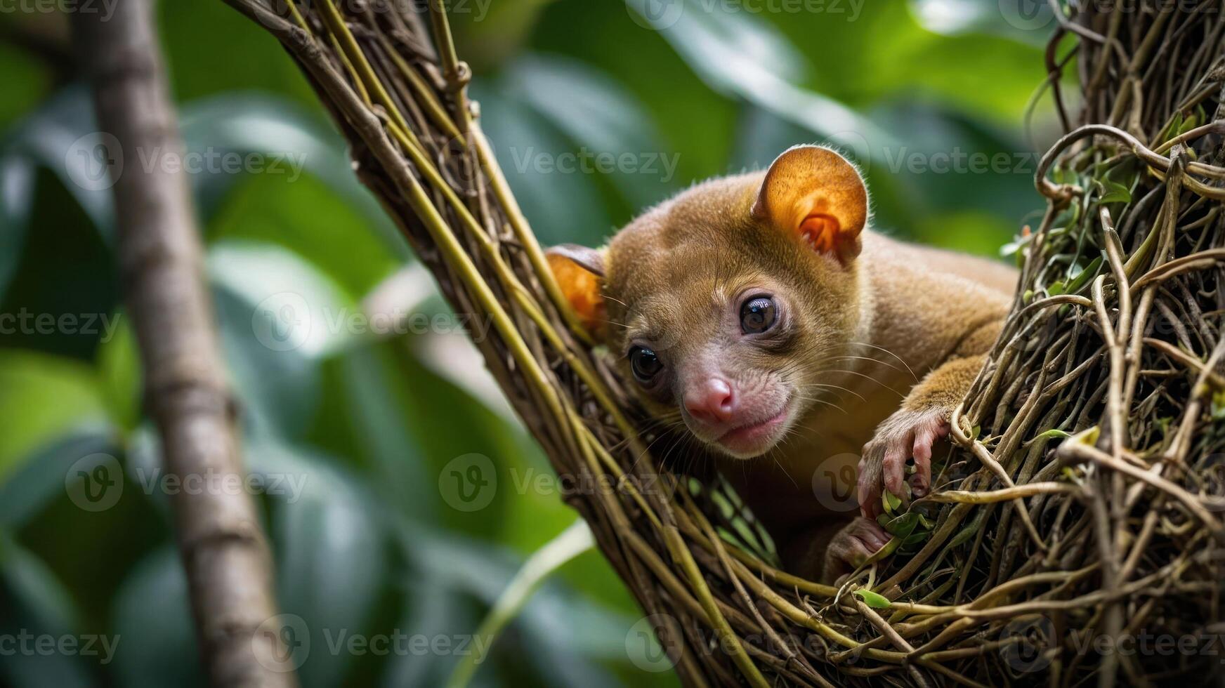 A close-up of a young animal peeking out from a nest made of twigs and leaves. photo