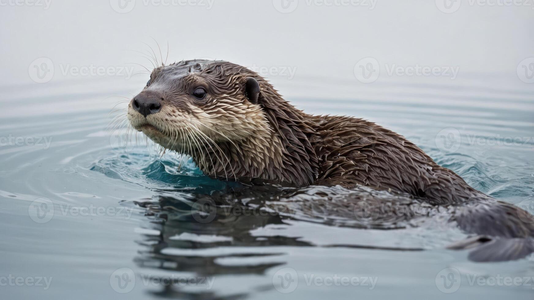 A close-up of an otter swimming in calm water, showcasing its playful nature. photo
