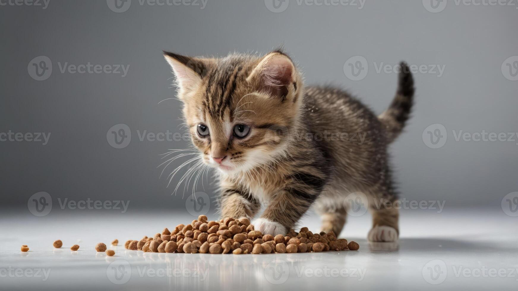 A playful kitten curiously approaches a pile of cat food. photo