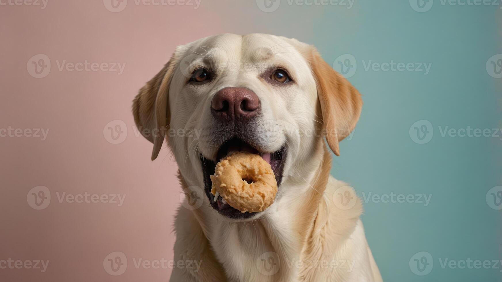 A playful dog holding a donut in its mouth, set against a colorful background. photo