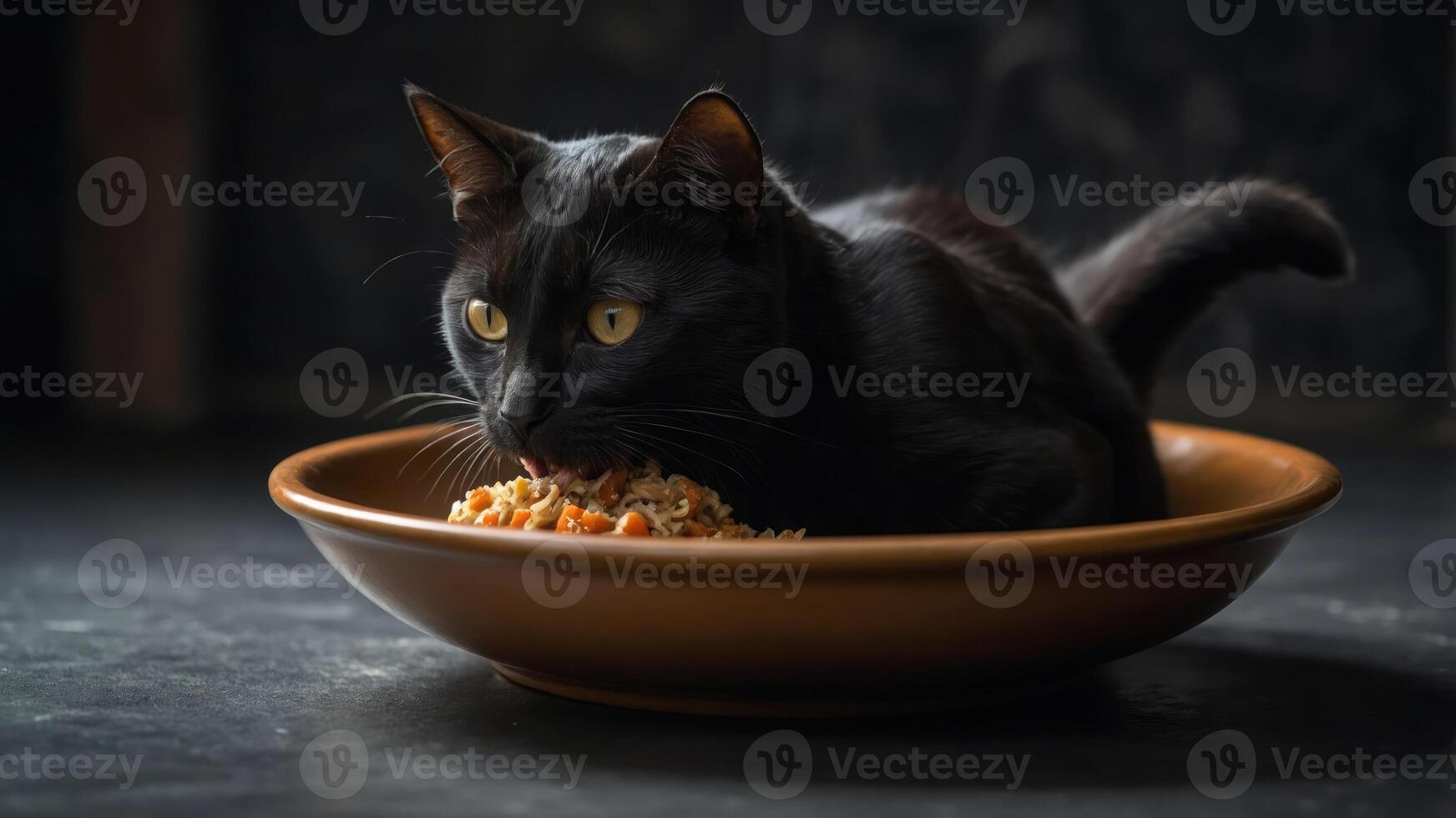A black cat sitting in a bowl of rice, curiously looking at its surroundings. photo