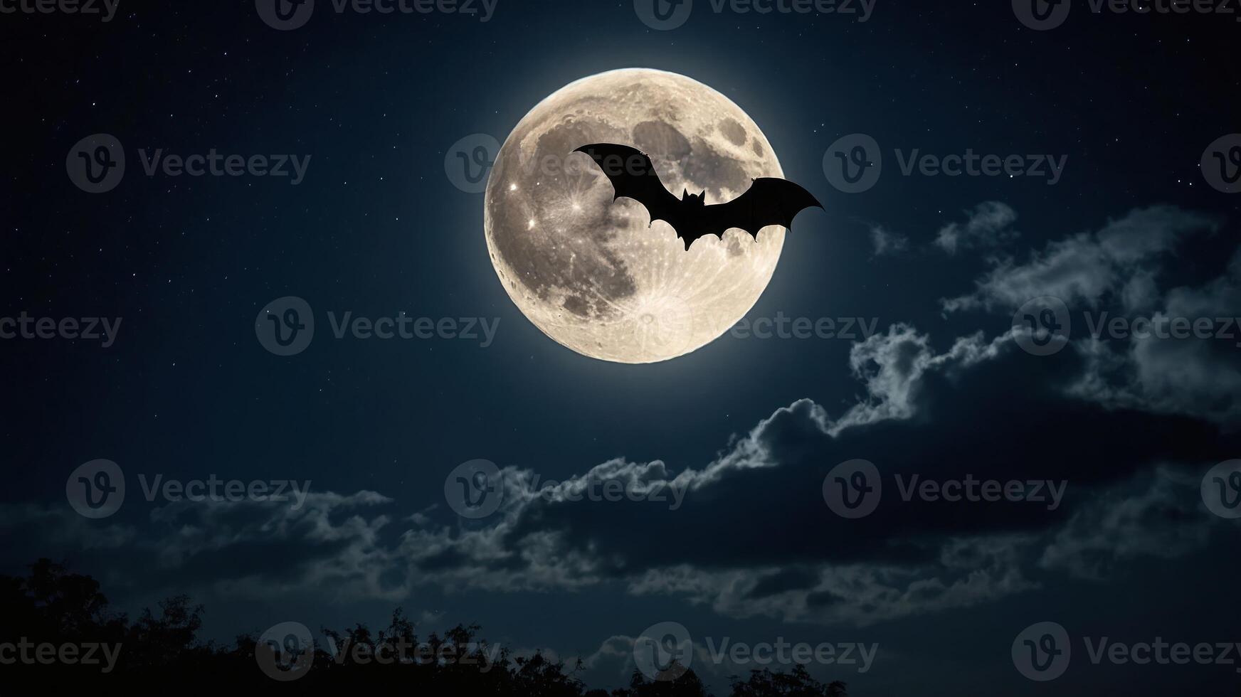 A bat flying against a bright full moon in a night sky with clouds. photo