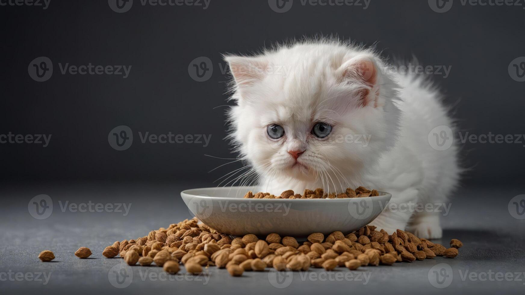 A fluffy white kitten curiously examines a bowl of cat food surrounded by scattered kibble. photo