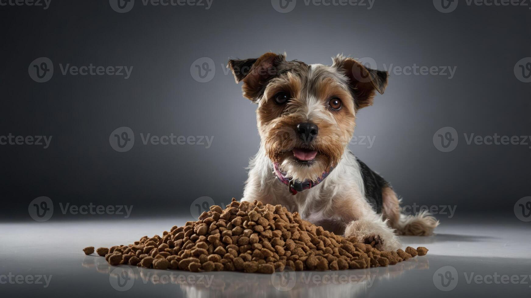 A dog sitting beside a large pile of dog food, looking curiously at the viewer. photo