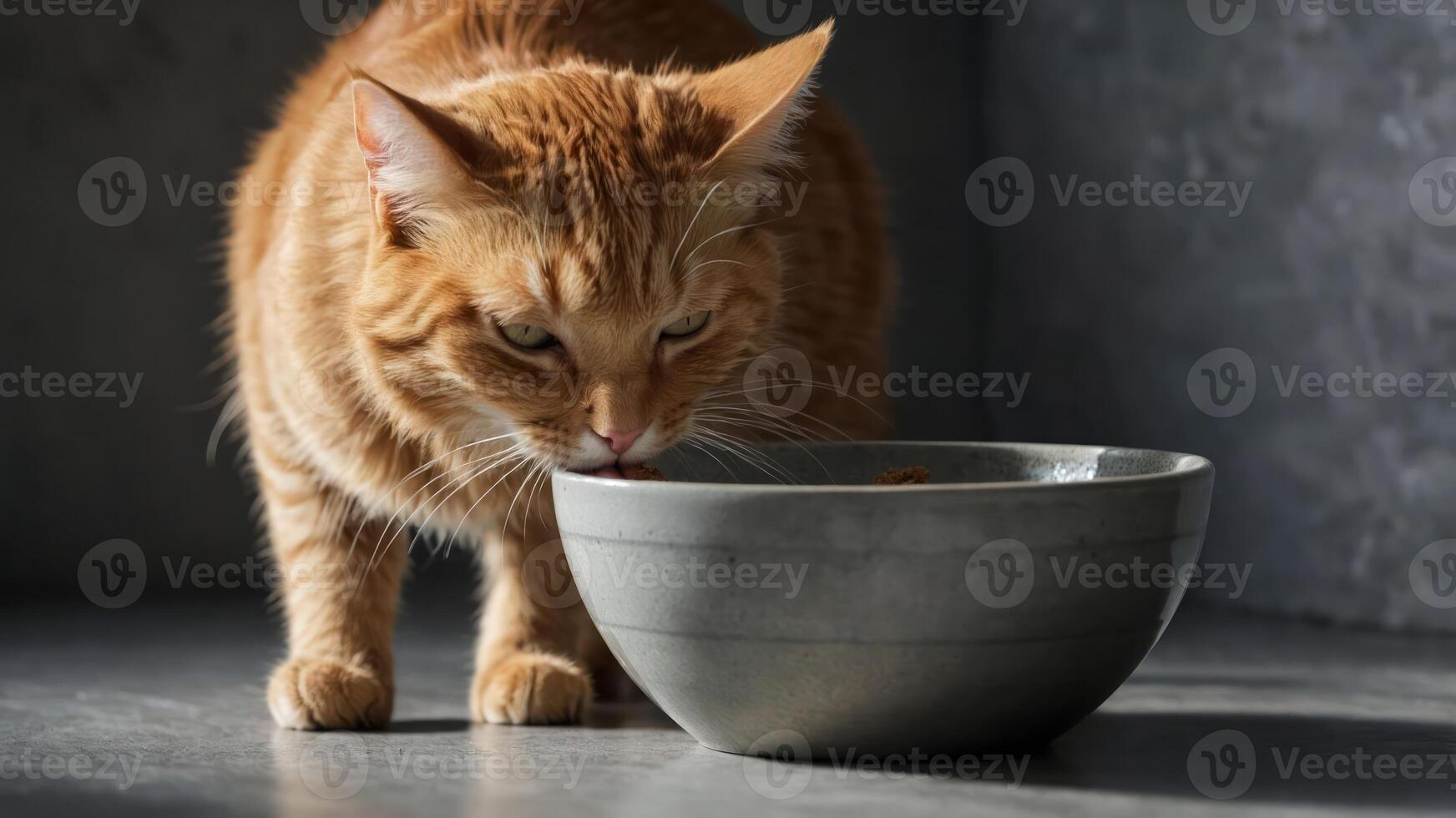 A ginger cat eating from a grey bowl in a softly lit environment. photo
